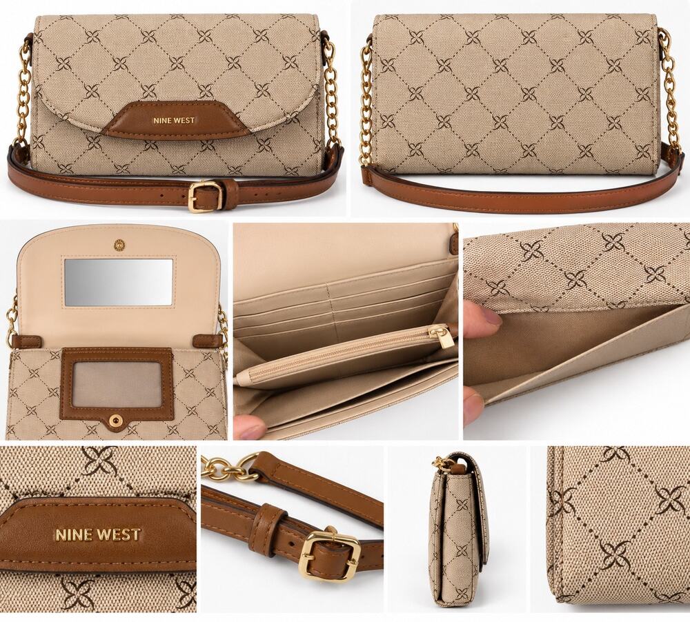Nine West Beige Brown Monogram Wallet on a String Crossbody